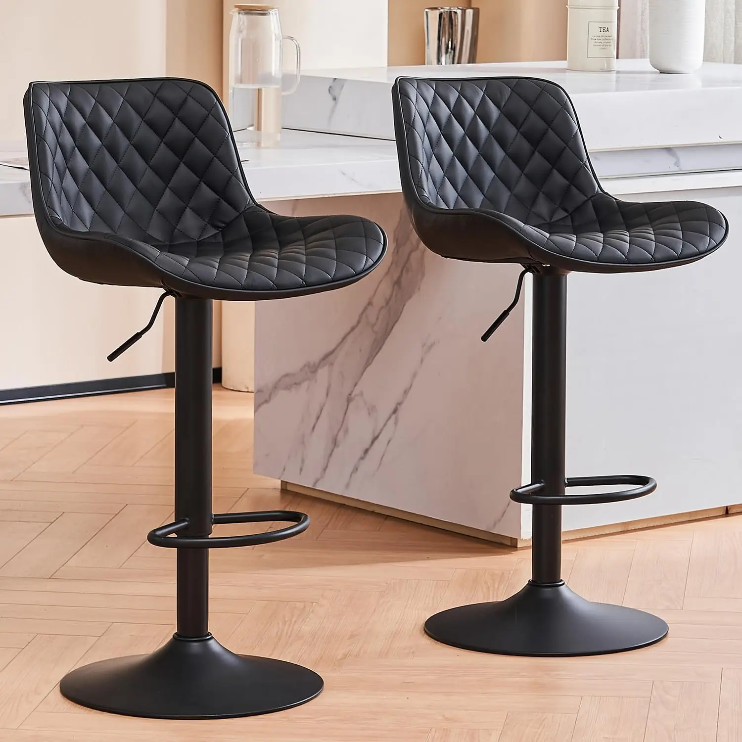 Moderner 2-teiliger Barhocker, hoher, höhenverstellbarer, drehbarer Barhocker mit gepolsterter Lederlehne für Bar, Kücheninsel, Theke, weiß/schwarz/hellgrau Image