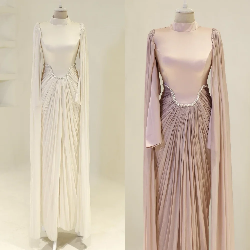 Maßgeschneiderte formelle Mode Chiffon-Falten drapierte Strass A-Linie hoher Kragen lange Kleider maßgeschneiderte Anlasskleider hohe Qualität Image