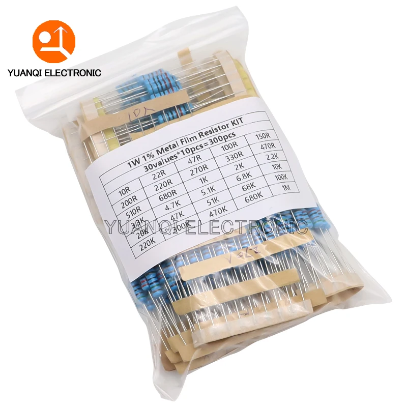 300PCS 10R - 1M Ohm 1/4W 1/2W 1W Widerstandsset 1% Metallschichtwiderstands-Sortiment-Kit 30 Arten * 10 Stück = 300 Stück Image