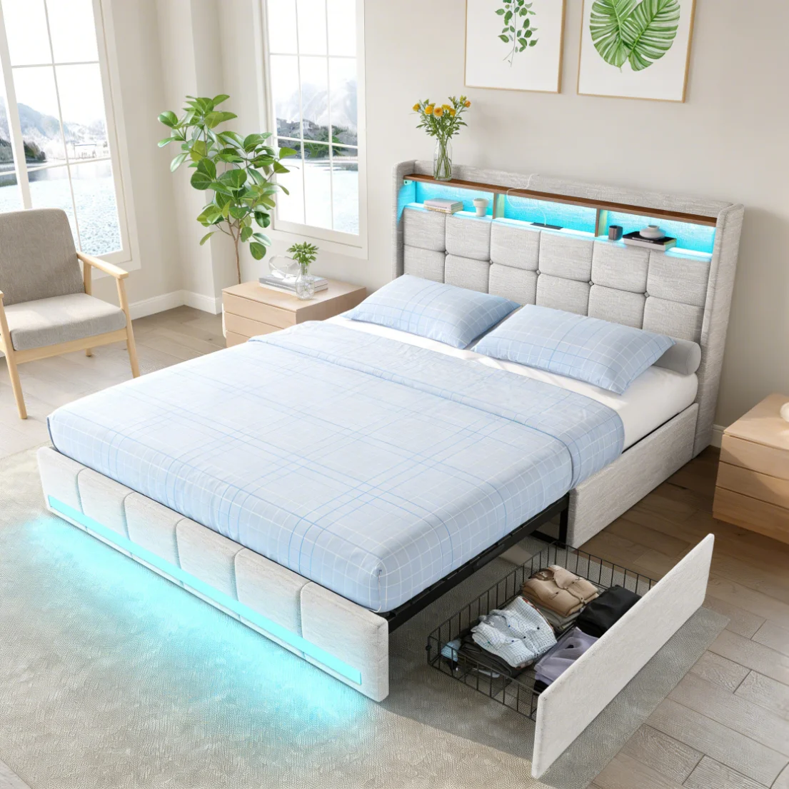 Doppelbett mit Led-Beleuchtung und USB, Polsterbett mit 4 Schubladen Polsterbett Doppelbett mit Kopfteil mit Stauraum Stauraumbett mit Lattenrost Bettkasten mit LED Jugendbett (140/160/180)