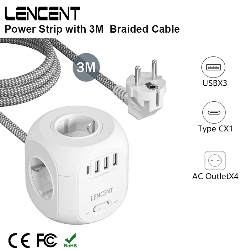 LENCENT Steckdosenleiste mit 4 AC-Steckdosen, 3 USB-Anschlüsse, 1 Typ C, 3 m geflochtenes Kabel, Mehrfachsteckdosen-Extender mit Schalter für das Heimbüro Image