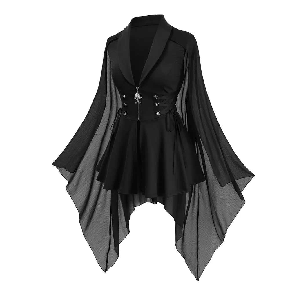 ROSEGAL Gothic Mäntel Für Frauen Plus Größe Schwarz Lace Up Schädel Zipper Chiffon Fledermaus Ärmeln Mantel Frühling Herbst SY2 Outwears