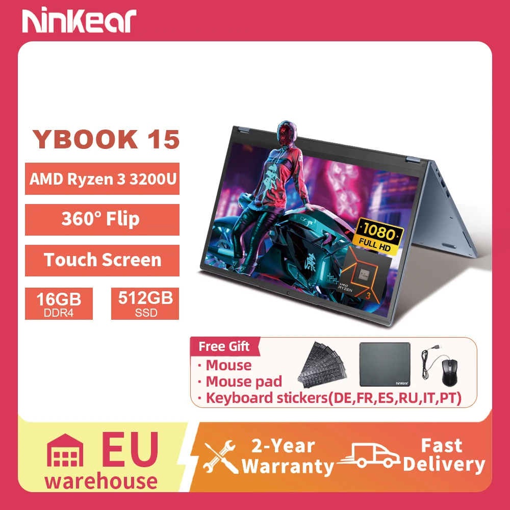 Ninkear YBOOK 15 Laptop 15.6 Zoll Touchscreen 360° klappbar 2-in-1 Yoga-Modus 16GB RAM 512GB SSD AMD Windows 11 Notebook Ultrabook Convertible für Büro Studenten Multimedia Image