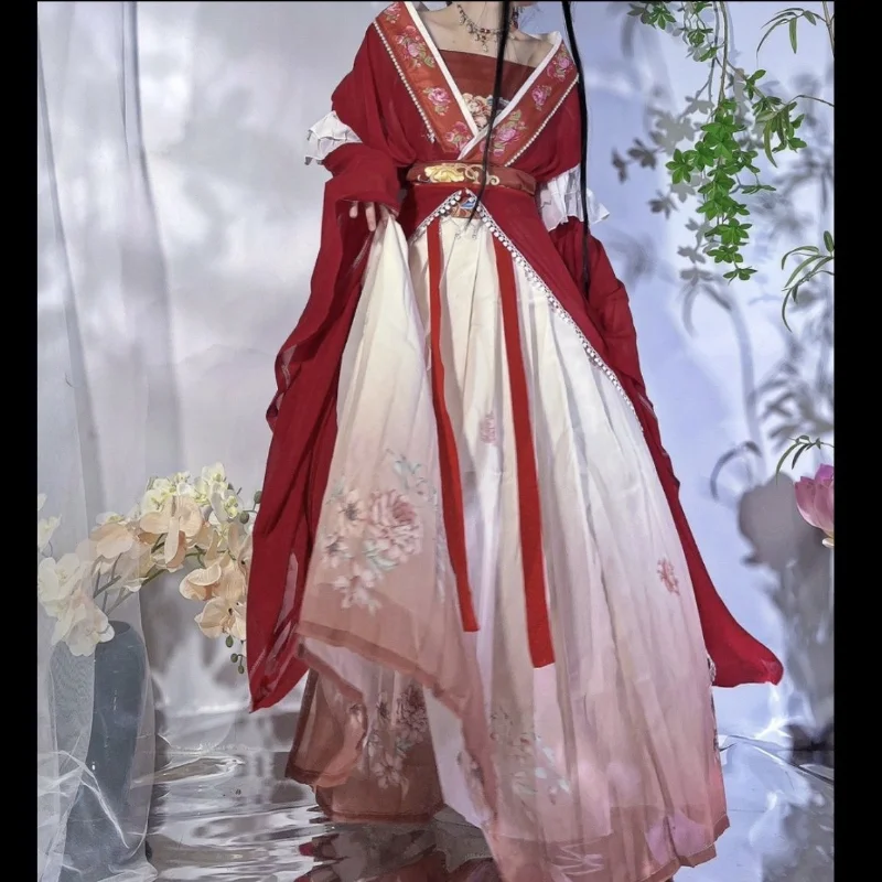 Retro Chinesischen Stil Rot Vestido Hanfu Kleid Cosplay Frauen Traditionellen Druck Langen Rock 5-teiliges Set Elegante Mädchen Party Rock set