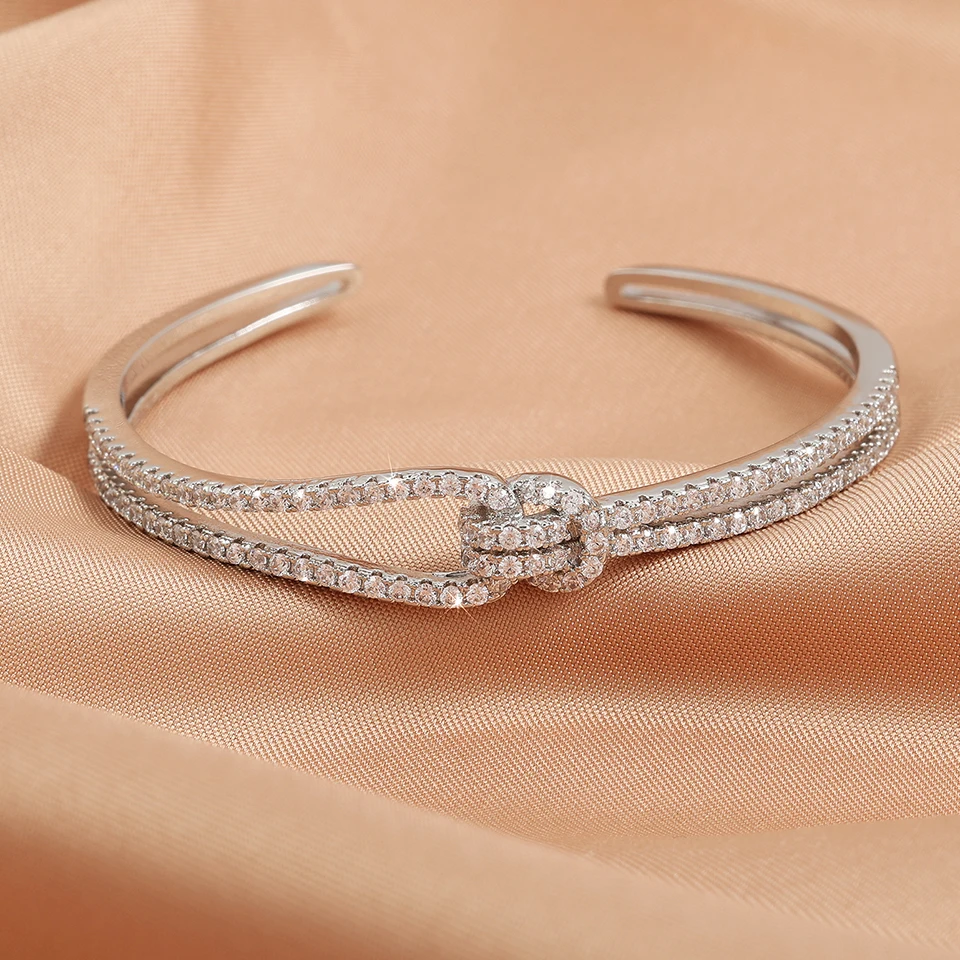 Yupsk Klassische Glänzende Verknotete Zirkonia Offene Armbänder Für Frauen Männer Luxus Silber Gold Farbe Hochzeit Schmuck Image