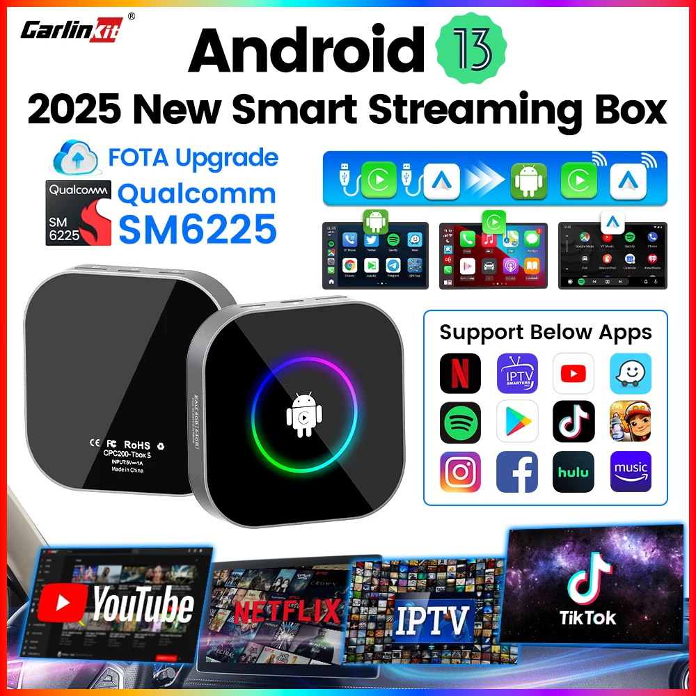 CarlinKit Android 13 Auto-TV-Box Qualcomm SM6225 8-Core Wireless Android Auto & CarPlay Ai Box für IPTV Netflix Online-Videowiedergabe SD erweiterbar auf bis zu 512 GB Image