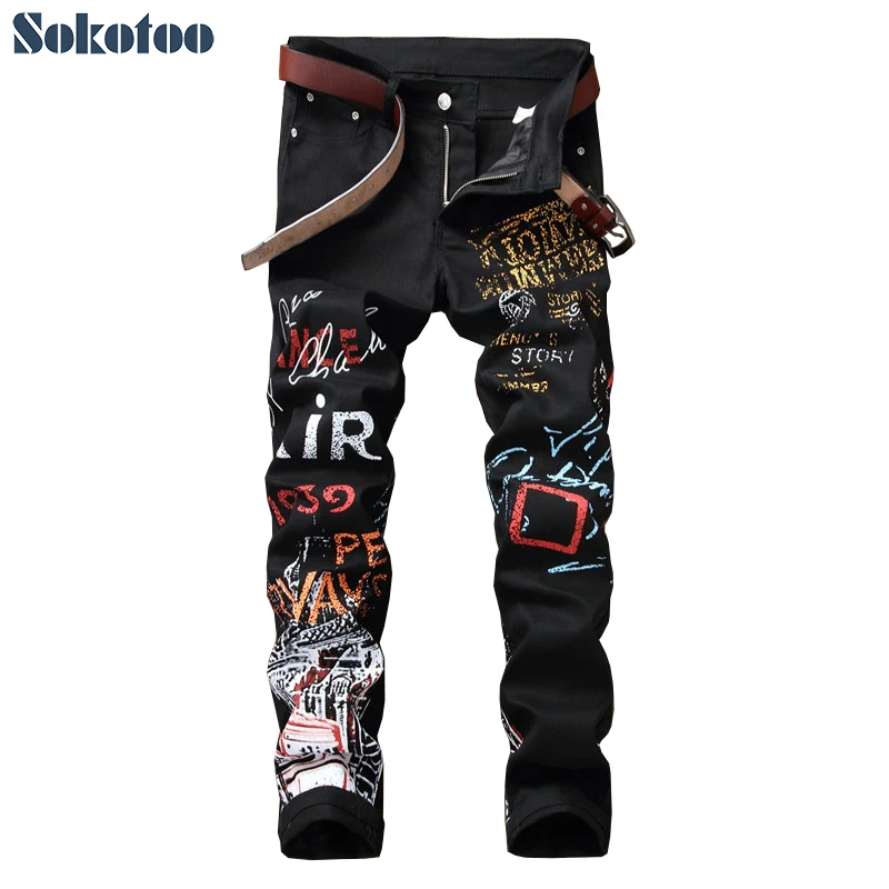 Sokotoo Herren-Jeans mit Buchstabenmuster, bedruckt, schwarz, modisch bemalte, schmal geschnittene Bleistifthose aus Stretch-Baumwoll-Denim Image