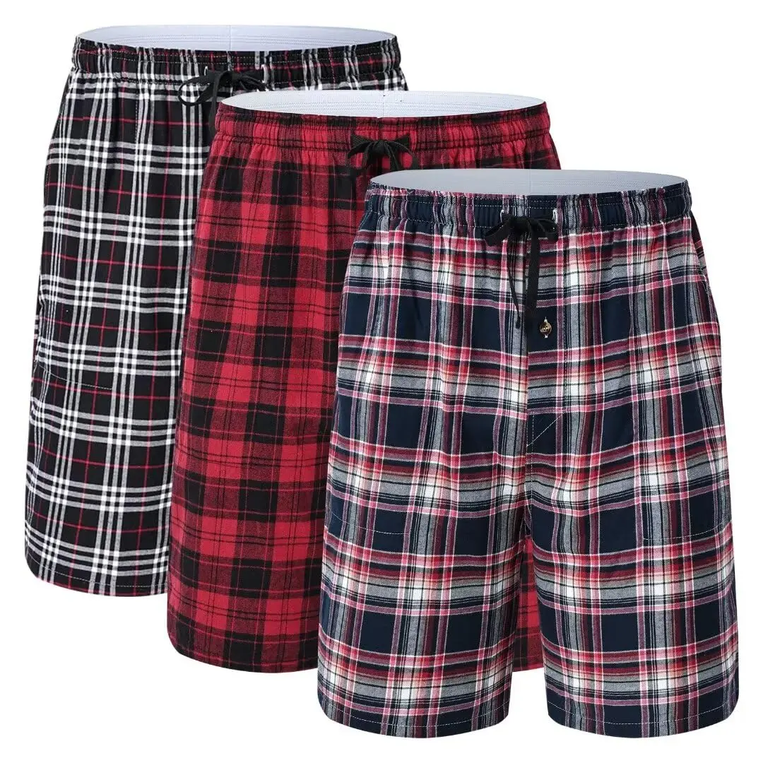 3-teiliger Herren-Unterwäsche-Boxershorts-Anzug aus 100 % Baumwolle, karierter Pyjama-Schlafhose, Hosenanzug, elastische Taillen-Shorts, Homewear Image