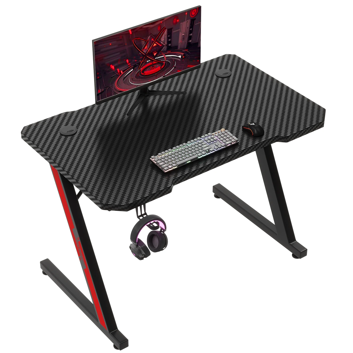 Gaming Tisch 80 x 52 cm, Gaming Schreibtisch, PC Tisch mit Kopfhörerhaken und Kohlefaserbeschichtung
