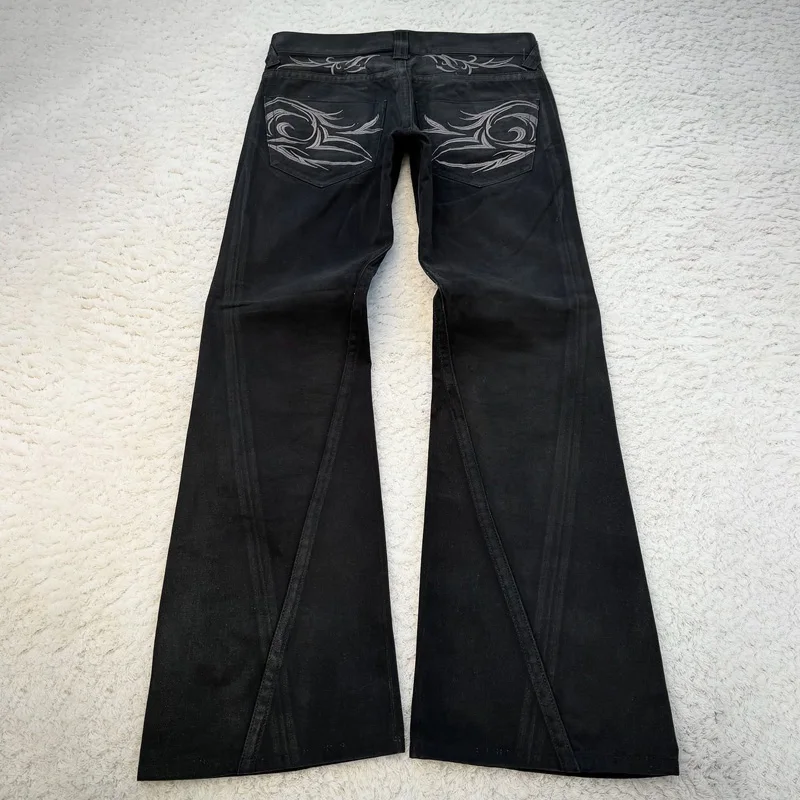 Vintage X Ray Waxing Tribal Stickerei Herren Flared Jeans Gothic High Street Unisex Punk Slim Fit Jeans Y2K Baggy Flared Jeans