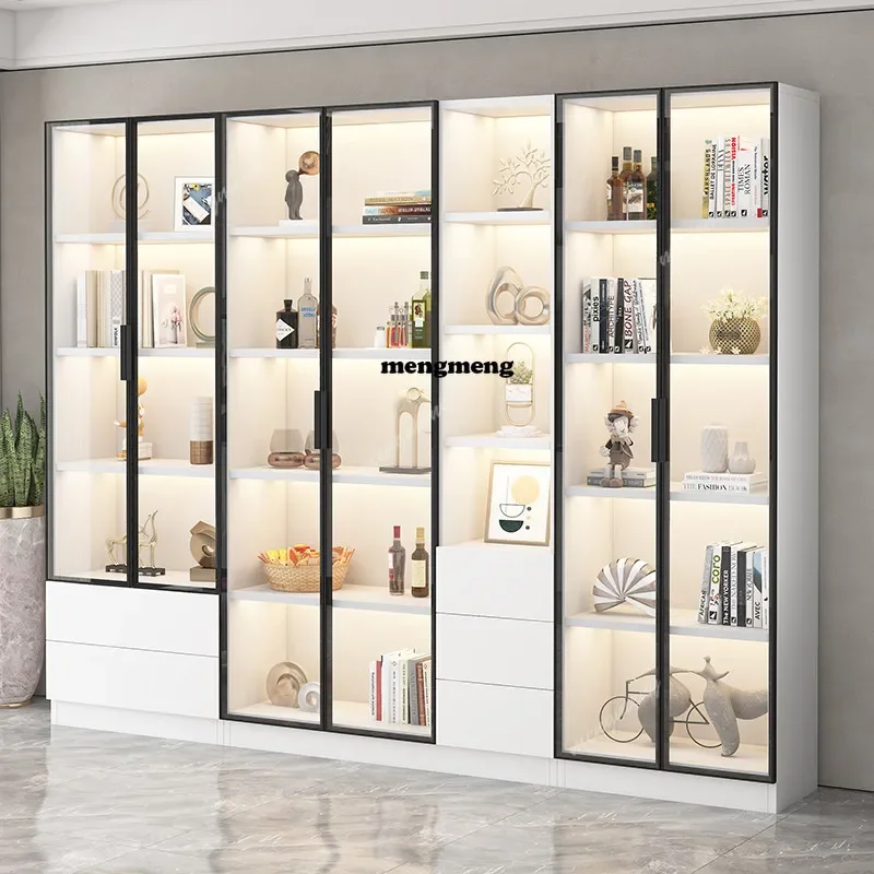 Heiß begehrter Glasvitrinen-Weinschrank, maßgefertigtes Wohnzimmer-Bücherregal, integriertes Wandregal aus Massivholz, Modell-Ornament-Kabine Image