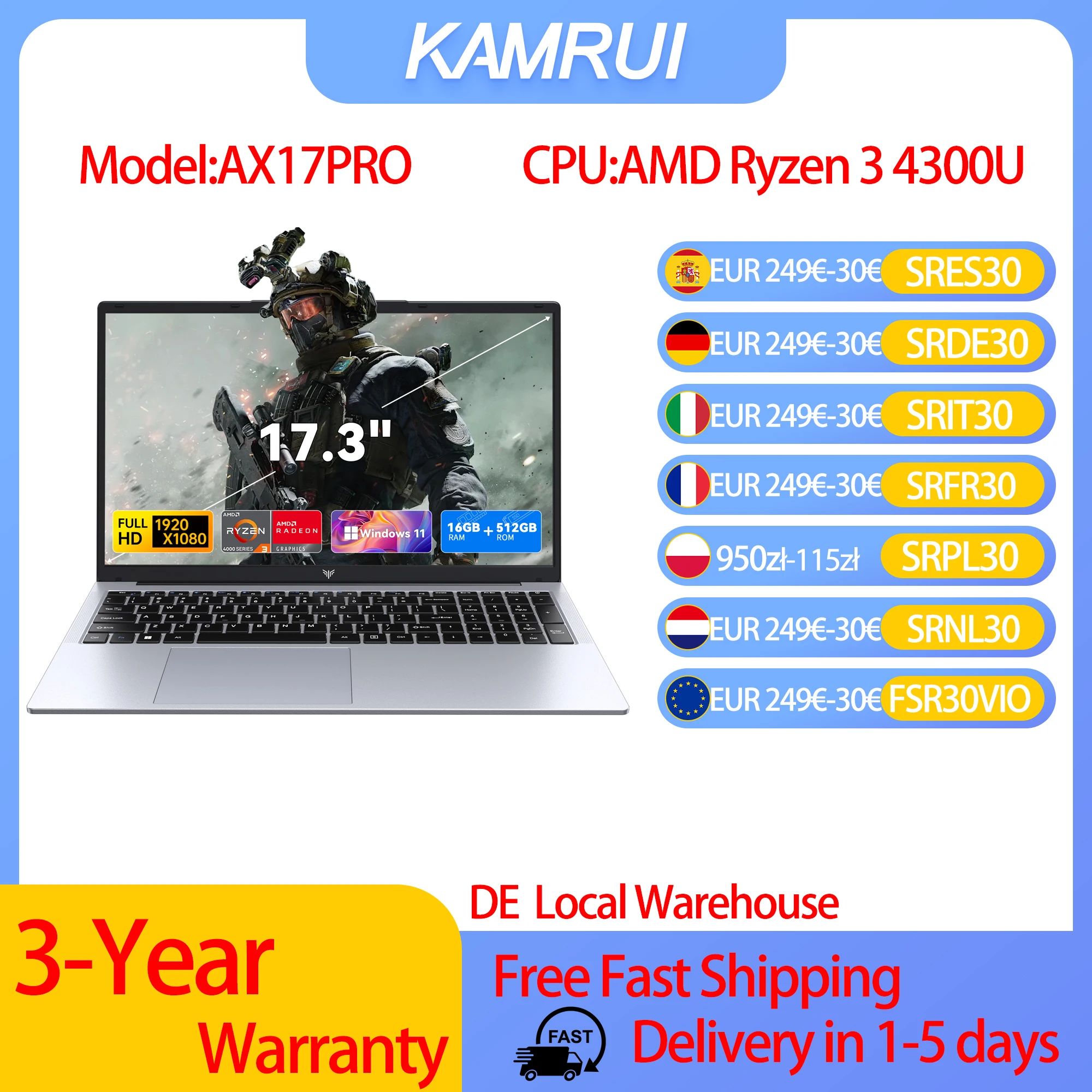KAMRUI 17,3 Zoll AMD Ryzen 3 4300U Laptop 16GB DDR4 RAM 512GB SSD Leichter Business-Laptop Windows 11 Pro Notebook Image