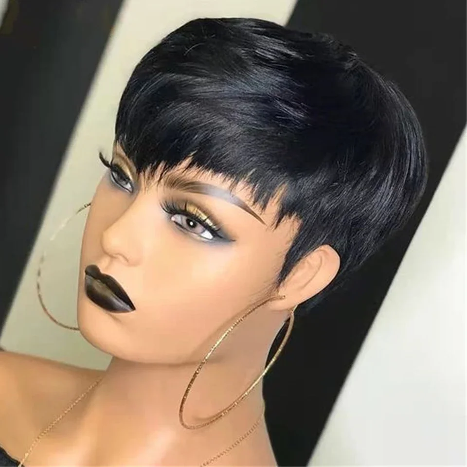Phashion Pixie Cut Echthaar-Perücken mit Pony, kurze gerade Bob-Perücke, brasilianisches Remy, günstig, leimlos, maschinell hergestellt für schwarze Frauen Image