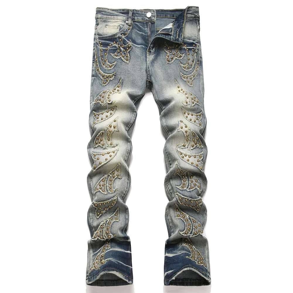 Männer Slim Boot Cut Denim Jeans Punk Nieten Patch Stretch Hosen Streetwear Blau Schlaghosen