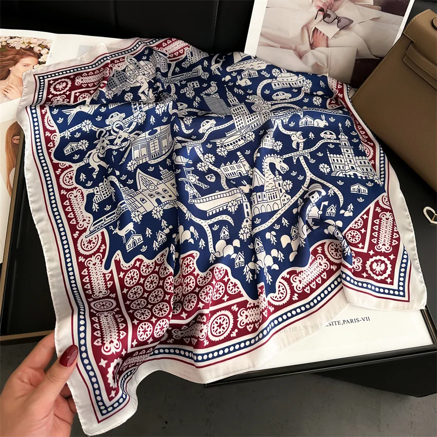 Vintage-inspirierter quadratischer Schal mit Hahnentrittmuster, weicher Satin, dünner, glatter Halstuch, Sonnenschutz-Kopftuch für Damen, Kopfwickel Image
