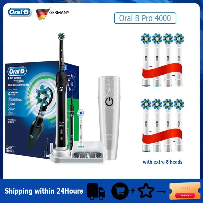 Oral B Elektrische Zahnbürste Pro 4000, 3D-Aktion, täglicher sauberer Zähne, sichtbarer Drucksensor, 4 Modi, Zahnfleischpflege, wasserdicht, wiederaufladbar Image
