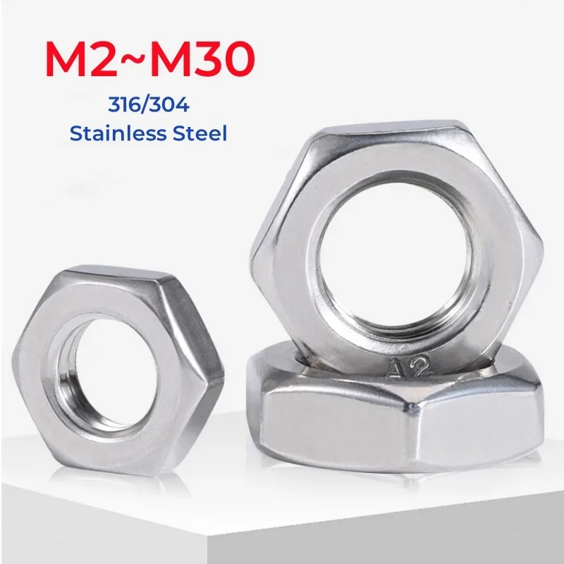 M2 M2,5 M3 M4 M5 M6 M8 M10~M30 316/304 Edelstahl Flachsechskant Sechskant dünne Mutter metrisches Gewinde Wafer Low Jam Muttern Image
