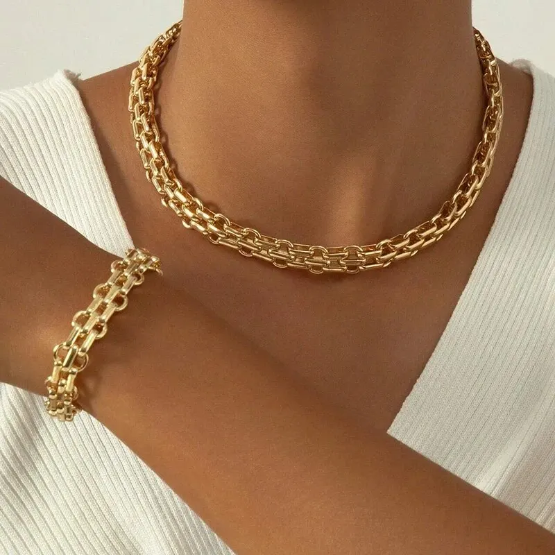 2-teiliges Set Goldfarbene Gliederkette Halskette Armband Set Punk-Armband Große Gliederkette Dubai Afrika Party Schmuckset Geschenk für Frauen