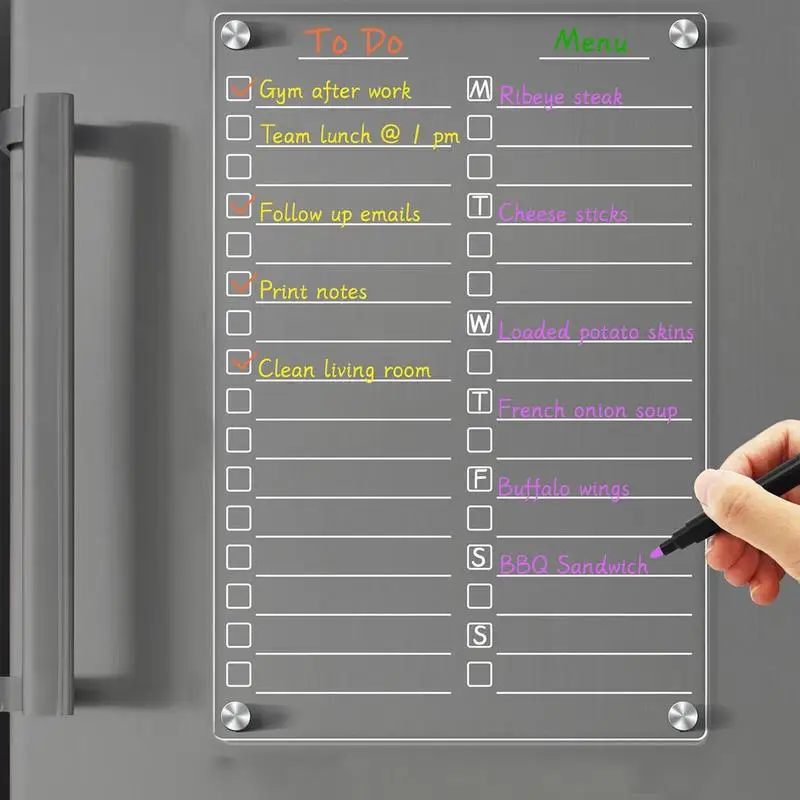 Magnetische Menütafel, 20 x 30 cm, Acryl-Wochenkalender, wiederverwendbare, trocken abwischbare Acryltafel mit 3 Farbstiften für den Kühlschrank Image
