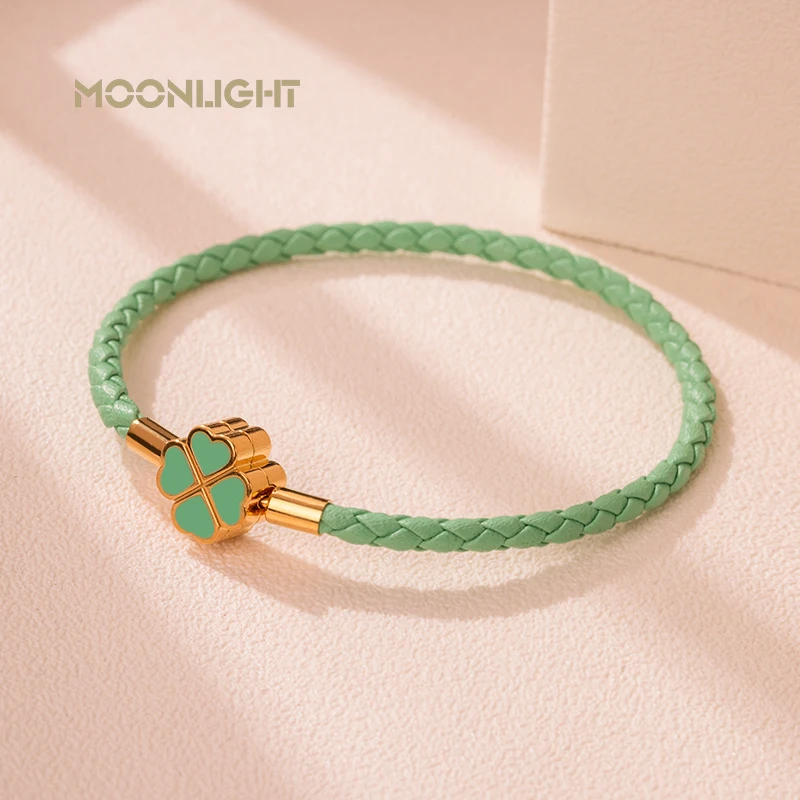 Grünes vierblättriges Kleeblatt-Glücksarmband für Frauen, echtes geflochtenes Lederarmband, 9 Farben, Geburtstagsfeier, Schmuck, Weihnachtsgeschenke Image
