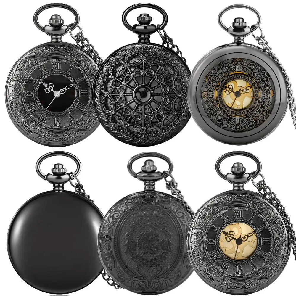 Retro schwarze Quarz-Taschenuhr, Geschenk für Männer und Frauen, Halskette, Anhänger, Uhr, antike Mode, Taschenuhr mit 80 cm langer Kette Image