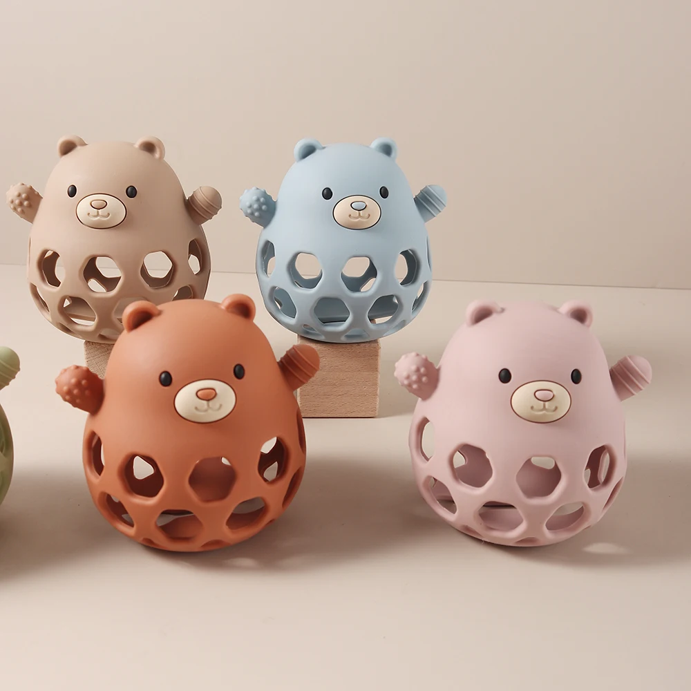 3D-Baby-Beißring – stehbare hohle Bären-Silikon-Beißspielzeug für Kleinkinder, kaubare Rassel für beruhigendes Zahnfleisch, BPA-frei Image