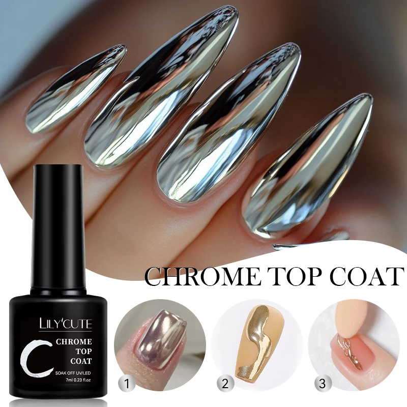 LILYCUTE 7ML Chrome Top Coat Soak Off UV Gel Semi-Permanent Nagellack Spiegel Metall Glitter Pulver Funktionelles Gel für Nail Art Image