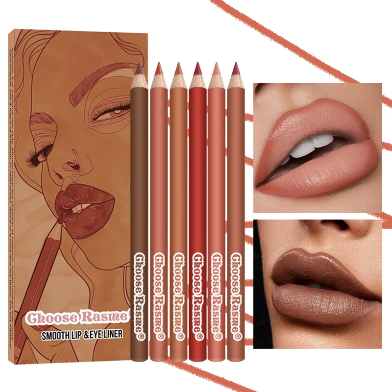 6-teiliges Lipliner-Stift-Set, 6 Farben, wasserdicht und schweißfest, verblasst nicht leicht, Antihaft-Tasse, nacktes Lippenstift-Stift-Set Image