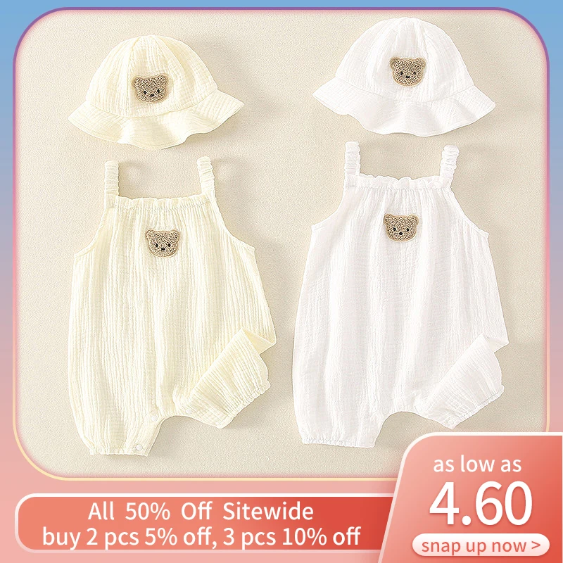 2-teiliges Sommer-Babykleidungsset mit Mütze, Niedlicher Bären-Strampler für Kleinkinder, Fischerhut, Jumpsuit-Outfit für Babys und Kleinkinder Image