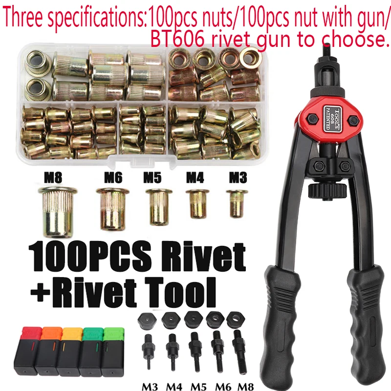 100 Stück Nietmutter + Handgewinde Nietmuttern Pistole BT606 M3 M4 M5 M6 M8 Doppeleinsatz Manuelle Nietmaschine Pistole Nieten Nietmutter Nietwerkzeug Image