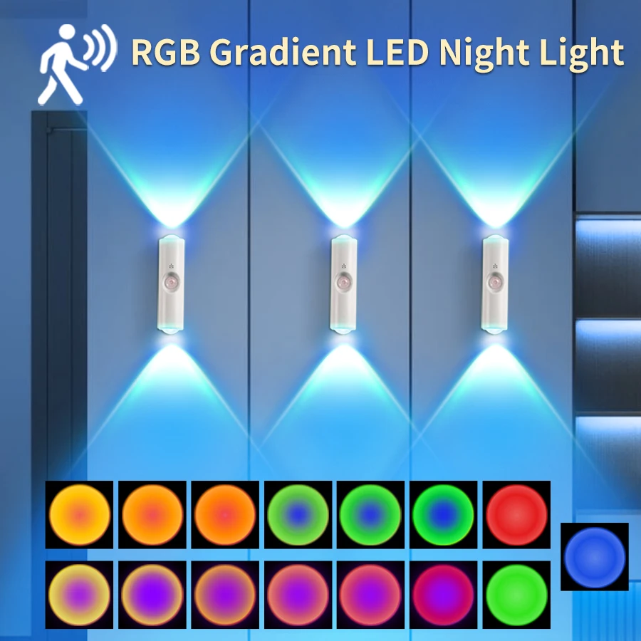 LED-Nachtlicht mit Bewegungsmelder, Wandlampe, wiederaufladbar, RGB-Farbverlauf, Ambiente-Nachtlichter, magnetische Sonnenuntergangslampe, Raumdekoration
