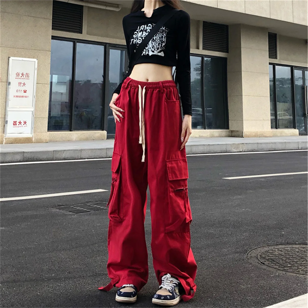 Rote Cargo Hosen Frauen Gothic Jogger Hohe Taille Lose Weibliche Hip Hop Hosen Koreanische Punk Hosen Lustige Capri Femme Jogginghose