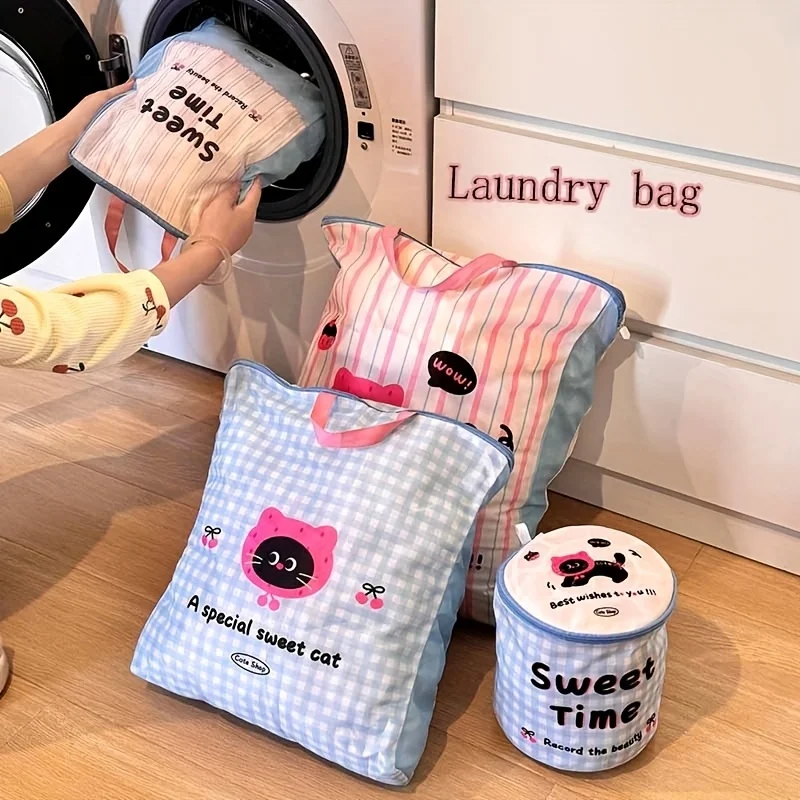 Niedlicher Wäschesack mit Katzen-Panda-Motiv, robuster Wäschekorb aus Polyester mit Reißverschluss für die Aufbewahrung von Kleidung und Socken zu Hause