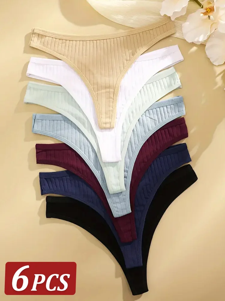 6 Teile/satz Frauen Baumwolle Thongs Höschen Weibliche Rippen Low Rise G-String Damen Sexy Bikini 7 Einfarbig Mädchen Weiche S-XL Dessous Image