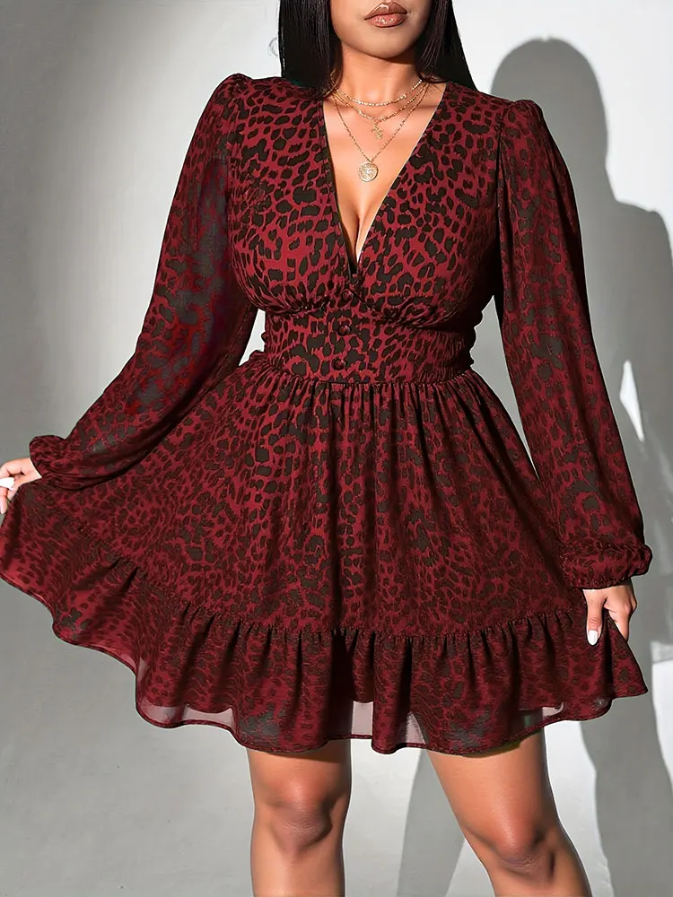 Neue Sexy V-ausschnitt Leopard Print Langarm Kleid Plus Größe Frauen Kleidung Amerikanischen Schlank A-linie Rock Elegante Party Abendkleid