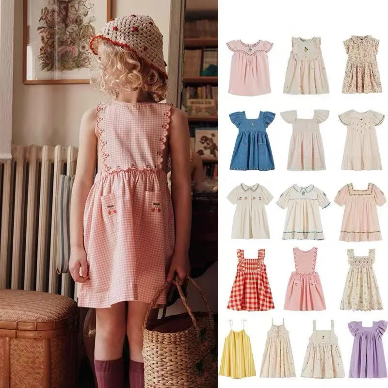 Vorverkauf (Versand April) 2026 EM Sommer Baby Mädchen Besticktes Kleid Blumendruck Baumwolle Mädchen Smock-Kleid Kinderkleidung für Mädchen Image