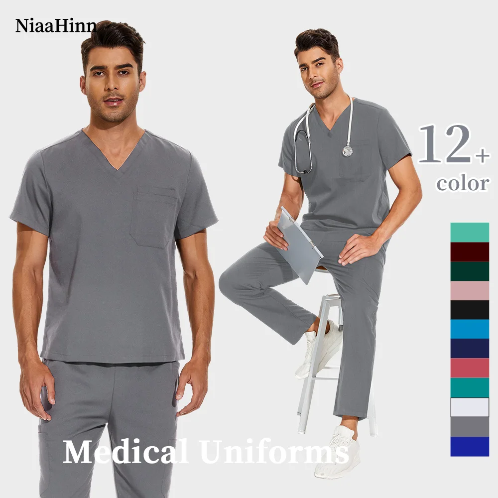 Niaahinn V-Ausschnitt Scrub Tops + Arzt Hose Krankenpflege Arbeitskleidung S-3XL Medizinische Uniformen Männer Zahnarzt Arzt Kostüm Haustier Krankenschwester Arbeitskleidung Image