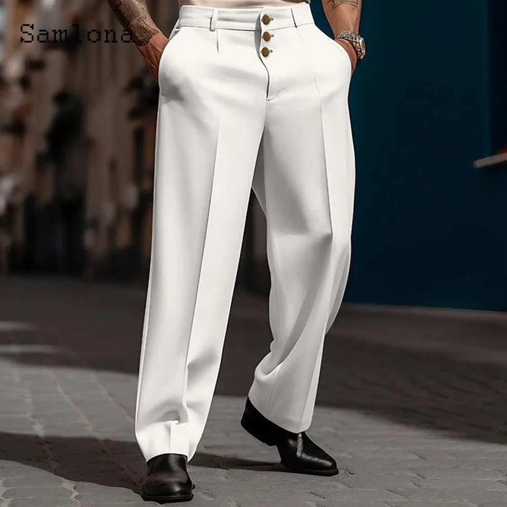 2023 männer Stehen Tasche Elegante Breite Bein Hosen Solide Weiß Party Hochzeit Hosen Plus Größe Mens Fashion Buttons Up anzug Hosen