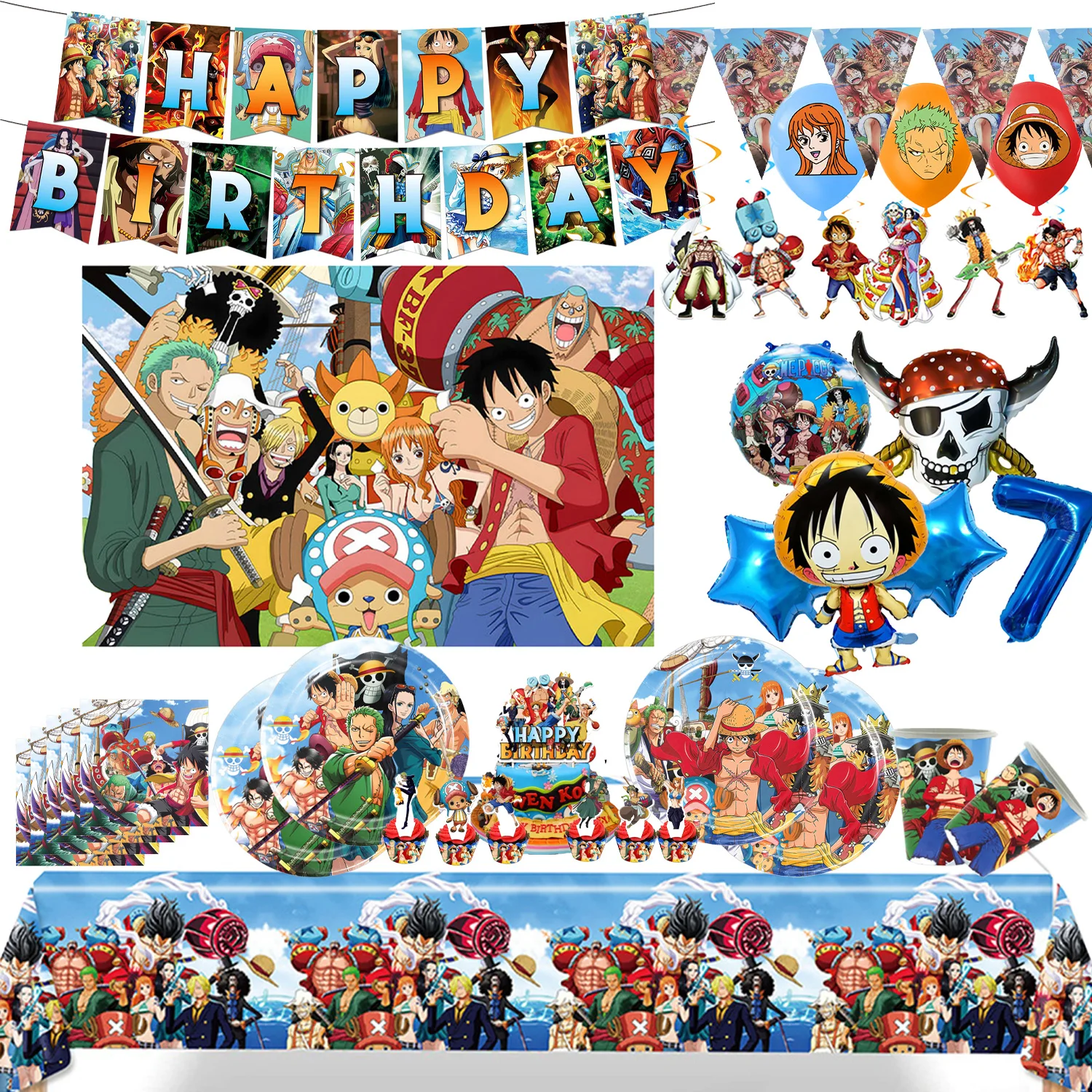 One Piece Geburtstagsparty Teller, Hängende Girlande, Kuchendekoration, One Piece Luffy Ballon, Partydekoration, Themen-Requisiten, Geschenke Image
