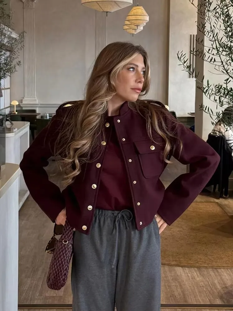 HH Frauen Vintage Weinrot Mantel O Hals Langarm Einreiher Jacke Mit Taschen Herbst Casual Büro Dame Oberbekleidung