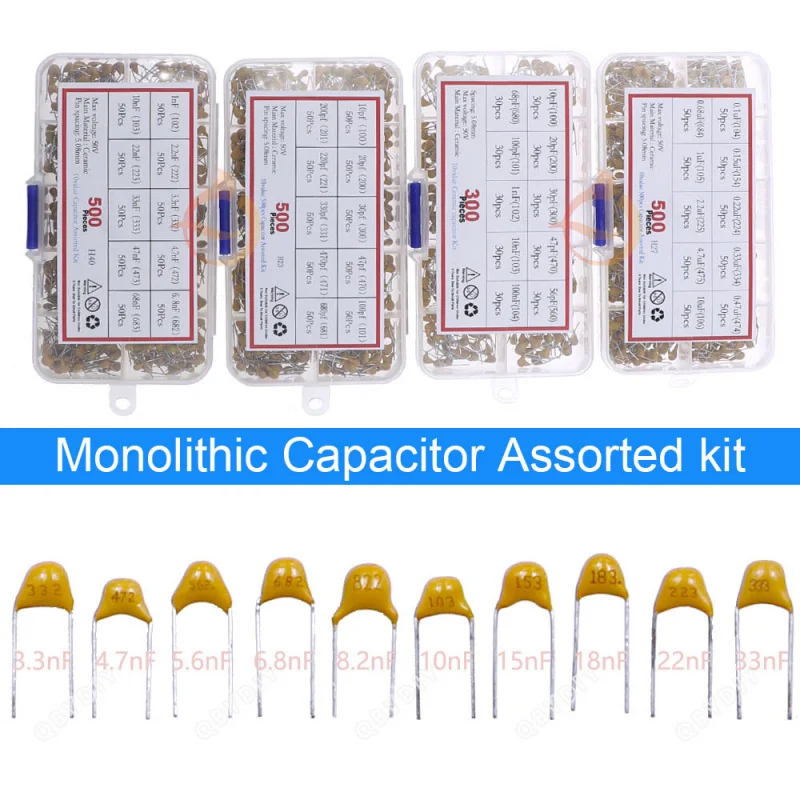 Mehrschichtiges Keramikkondensator-Kit 50 V (100 ~ 106) 10 pF ~ 10 uF 102 103 104 105 22 pF 47 pF 68 pF 1 nF 10 nF 100 nF 0,1 uF 1 uF P = 5,08 mm Image