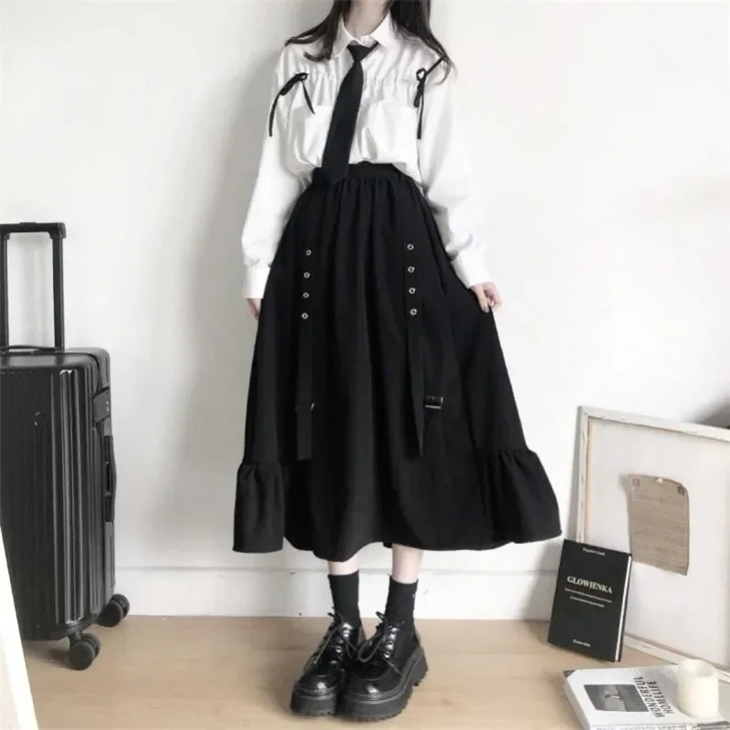 2026 Frühling/Herbst Damenröcke Hohe Taille Studenten Koreanischer Stil Dunkel Vintage Rüschen Lange A-Linien-Röcke Damenmode