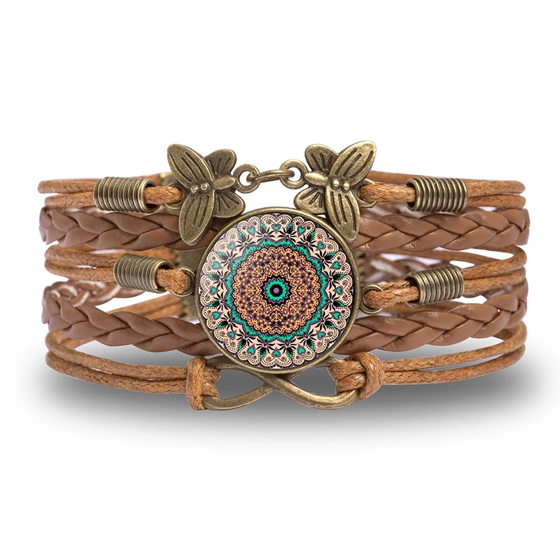 Vintage Mandala Blume Glaskuppel Wickelarmband Braun Mehrschichtige gewebte Lederarmbänder für Frauen