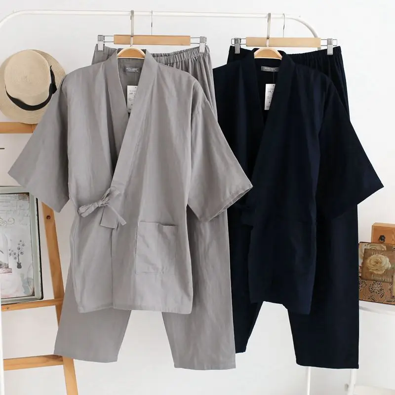 Kimono-Strickjacke im japanischen Stil, 2-teiliges Set, Herren-Nachtwäsche, Bademantel, Baumwolle, bequemer Heimanzug, Robe, Nachtwäsche, täglich, lässig Image