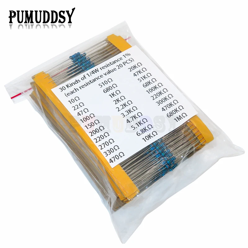 600 teile/satz 30 Arten 1/4 W Widerstand 1% Metall Film Widerstand Pack Assorted Kit 1 K 10 K 100 K 220 ohm 1 M Widerstände 300 teile/satz Image