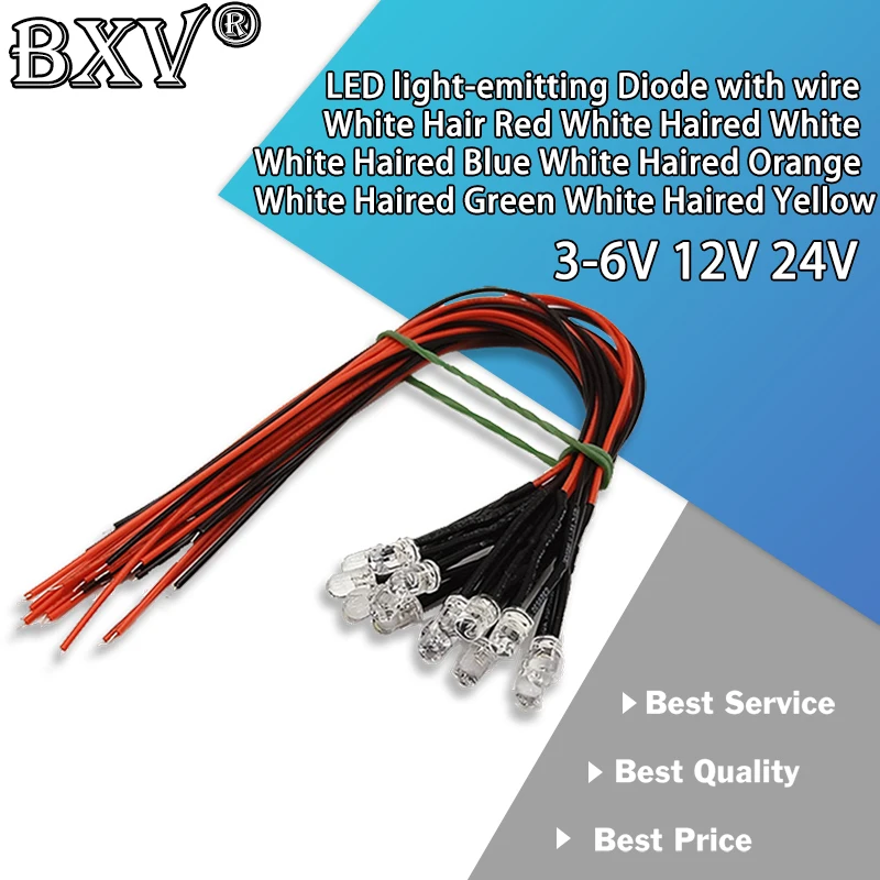 10PCS 24V 12V 3-6V 5MM LED mit Linie LED Leuchtdiode/12V Leitungslänge 20CM Weißes Haar Weiß Rot Grün Gelb Blau Orange