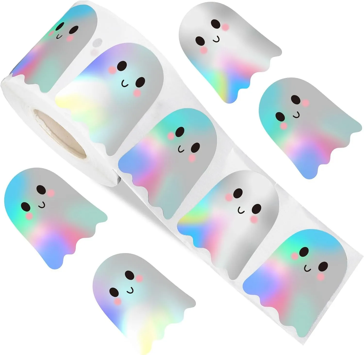 500 Stück Halloween-Geister-Aufkleber, Rolle, Geister-Laser-Aufkleber, dekorative selbstklebende Papieraufkleber für Halloween-Partygeschenke Image