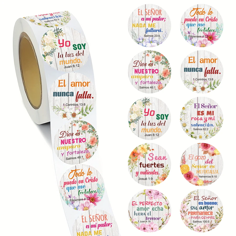 500 Stück spanische Bibelvers-Aufkleberrolle – runde Etiketten mit floraler christlicher Schrift für Umschläge, Geschenke, Karten und Bastelarbeiten Image
