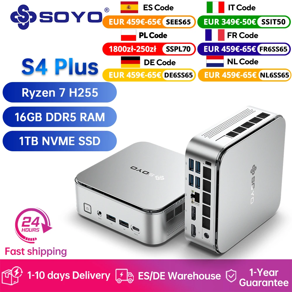 SOYO S4 Plus Mini-PC AMD Ryzen 7 H255 CPU 24G DDR5 RAM (erweiterbar auf 64GB) 512GB SSD PCIE3.0 NVME WIFI6 BT5.2 Dual 4K@120Hz Gaming-Computer