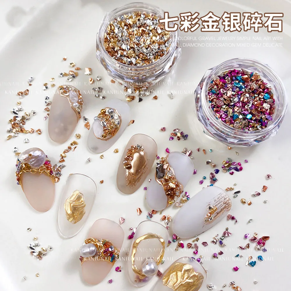 1 Flasche Gold Kies Nail Art bezaubert Frauen unregelmäßigen Schotter für Nagel DIY 3D Edelsteine Dekoration Teile Maniküre Zubehör Image